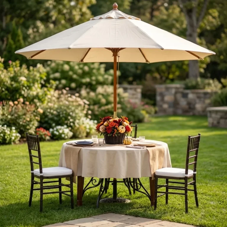 Mesa con sombrilla en renta para eventos en jardín